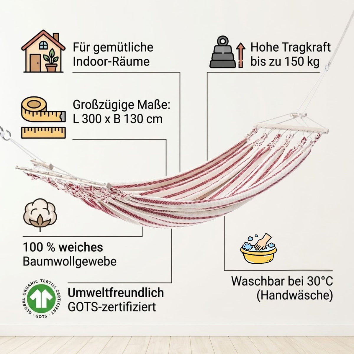 Einzelhängematte 'Relax' I weiß-uni 06 | L 300 x B 130 cm | 100% Baumwollgewebe