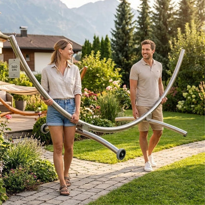 Hängemattengestell Irony aus poliertem Edelstahl | auf Rollen | L 360 x B 125 x H 120 cm