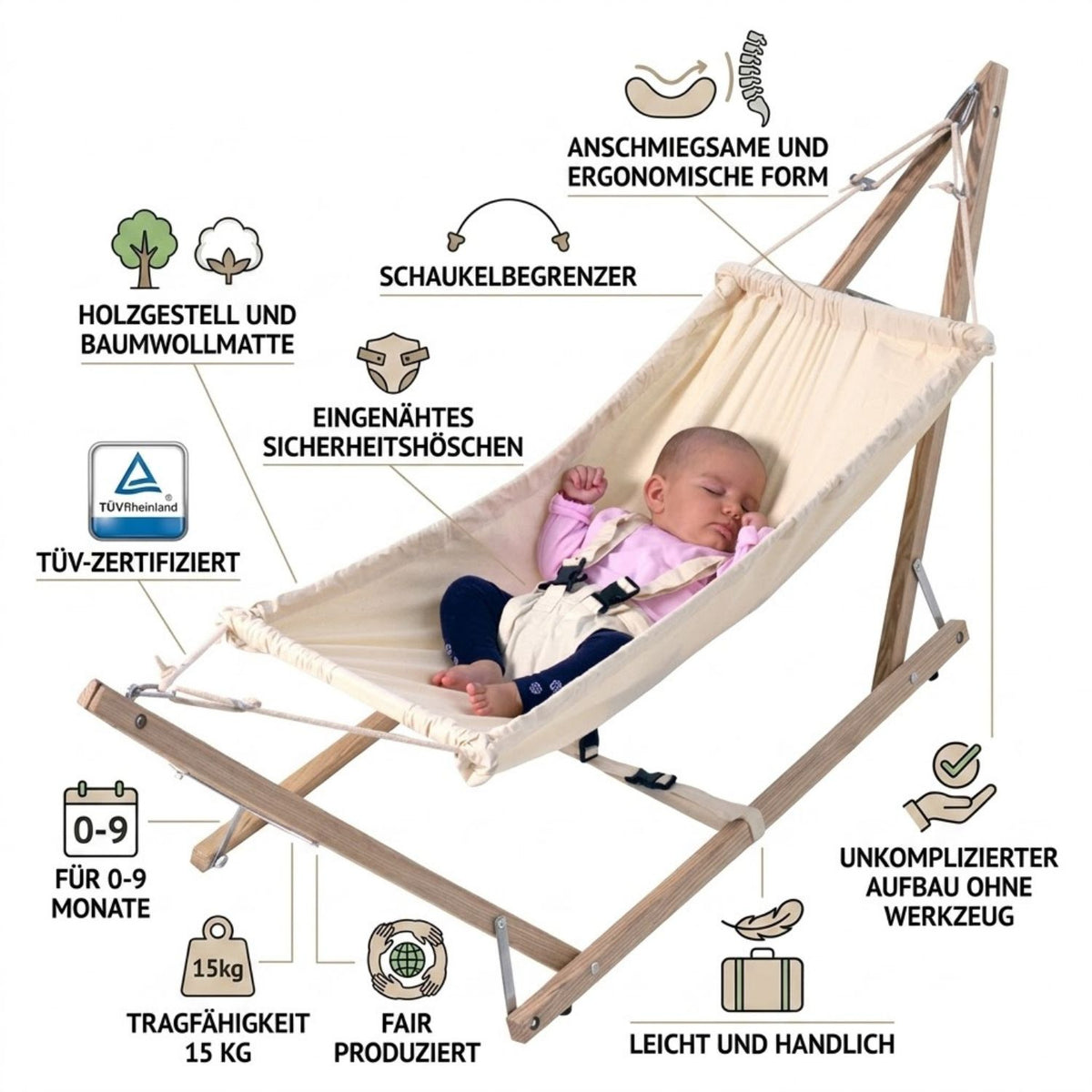 Babyhängematte Koala | inkl. Holzgestell | Flexible Geborgenheit für Dein Baby