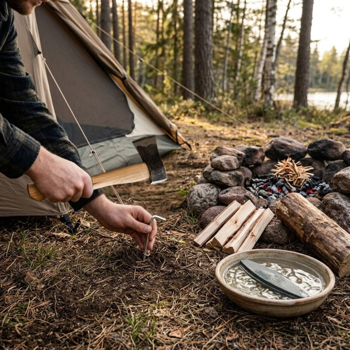 Campingbeil | aus Schwedenstahl | mit stabilem Eschenstiel | inkl. gratis Schleifstein | handgeschmiedet in Deutschland