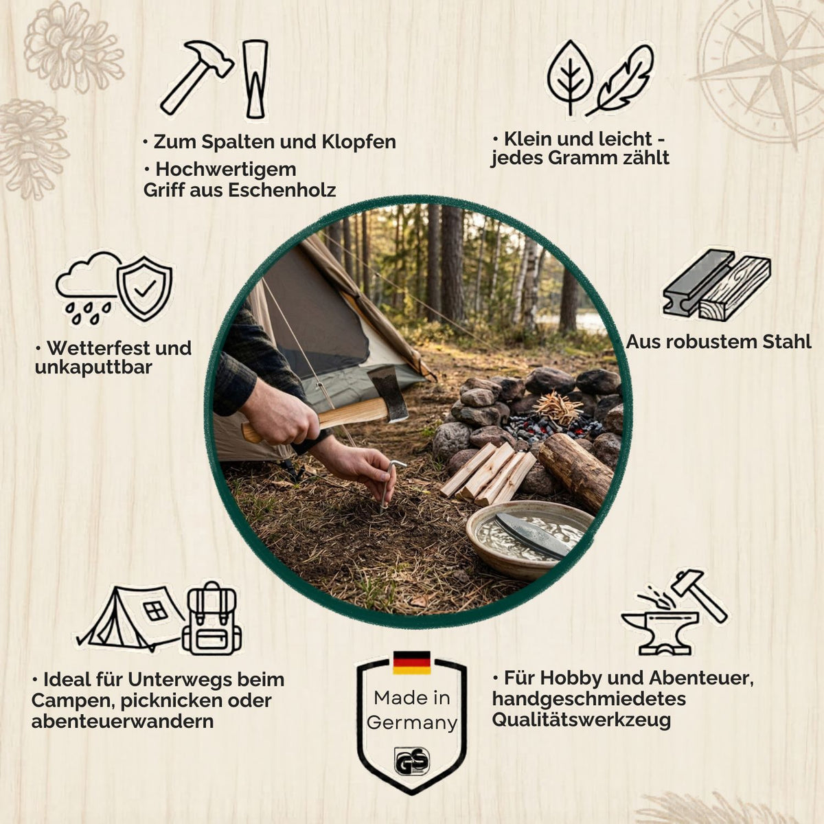 Campingbeil | aus Schwedenstahl | mit stabilem Eschenstiel | inkl. gratis Schleifstein | handgeschmiedet in Deutschland