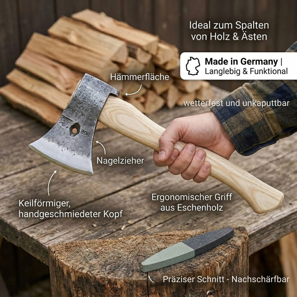 Universalbeil mit Schneideschutz und Eschenstiel Länge: 42,5 cm gratis Schleifstein
