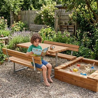 Gartenmöbel-Garnitur 'Basic Junior' || | Rückenlehne | 1 Tisch, 2 Bänke | fix | L 118 x B 132 x H 57 cm | ThermoWood®