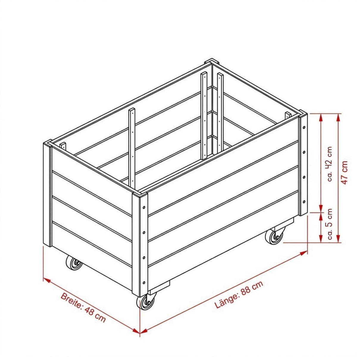 Pflanzkasten 'Basic' | Rollen | L 88 x B 48 x H 47 cm | Nadelholz | schwarz