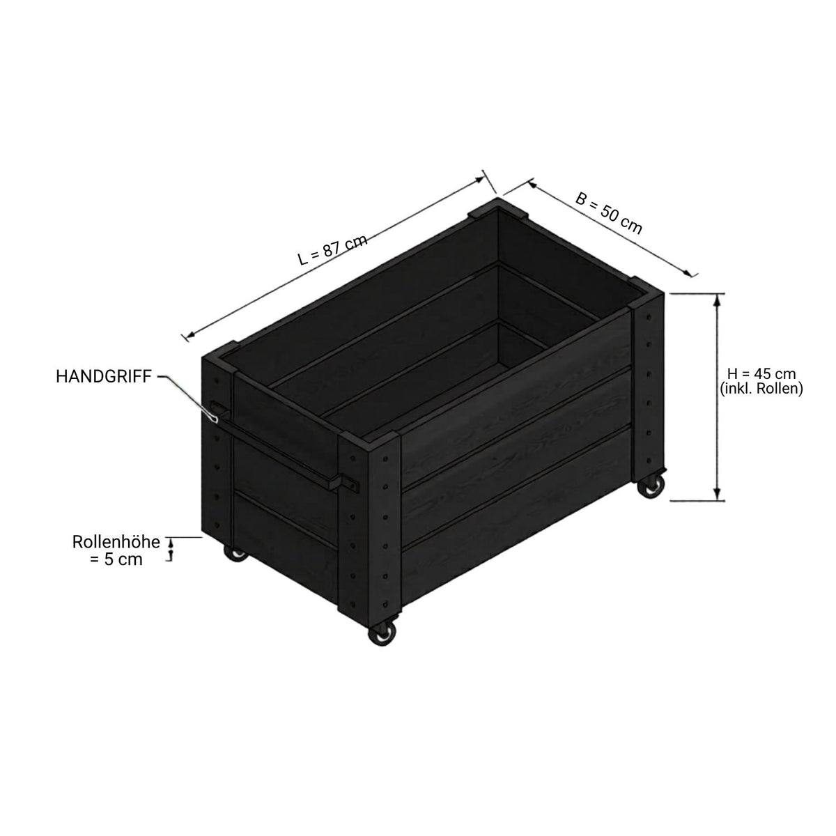 Pflanzkasten 'Cubic' | Rollen und Griff | L 46 x B 50 x H 45 cm | Nadelholz | schwarz