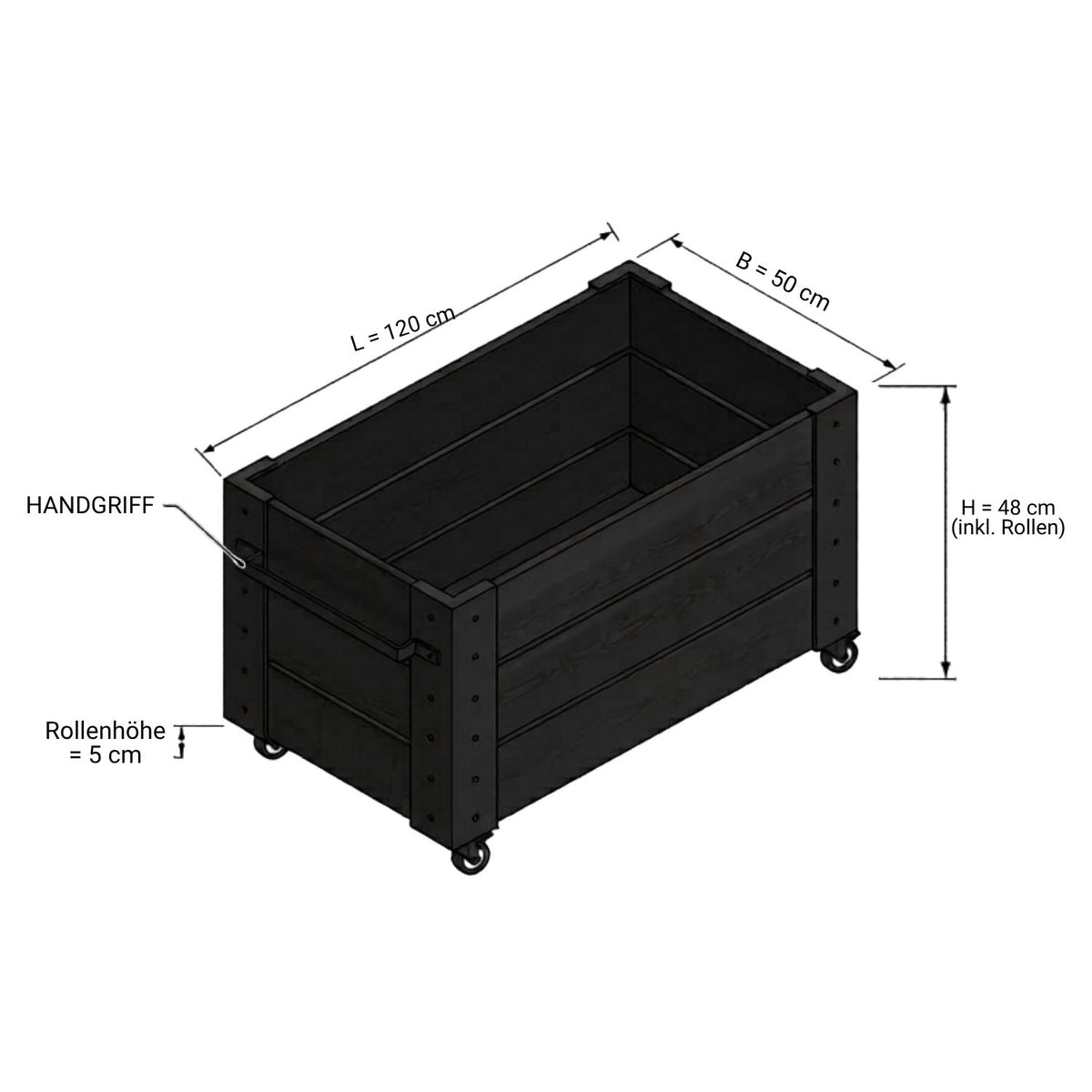 Pflanzkasten 'Cubic' | Rollen und Griff | L 46 x B 50 x H 45 cm | Nadelholz | schwarz