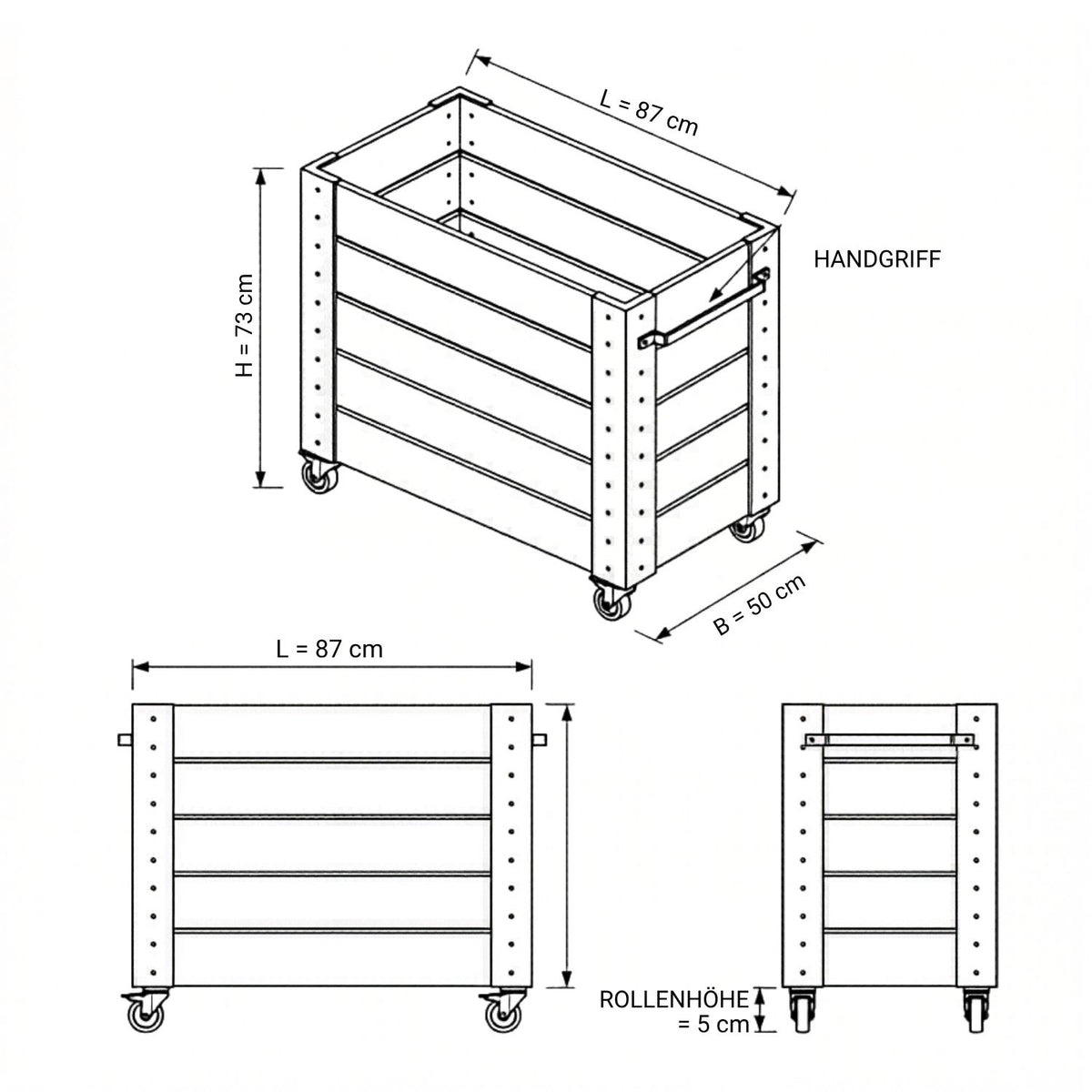 Pflanzkasten 'Cubic' | Rollen und Griff | L 46 x B 50 x H 45 cm | Nadelholz | schwarz