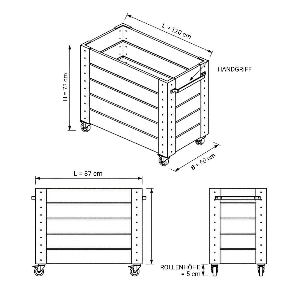 Pflanzkasten 'Cubic' | Rollen und Griff | L 46 x B 50 x H 45 cm | Nadelholz | schwarz