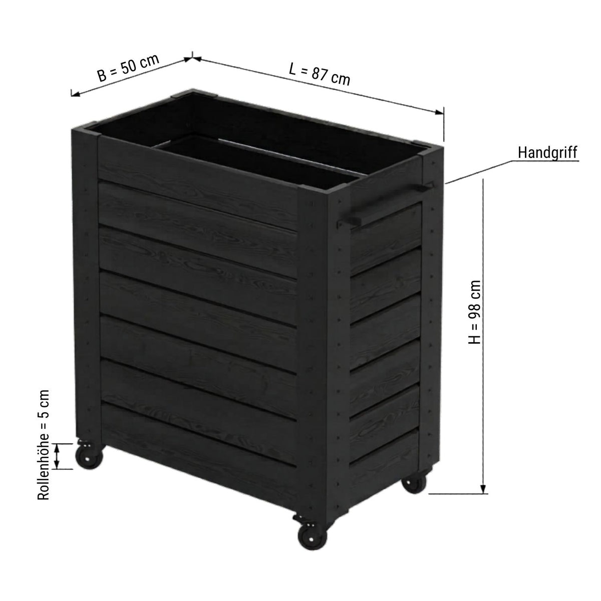 Pflanzkasten 'Cubic' | Rollen und Griff | L 46 x B 50 x H 45 cm | Nadelholz | schwarz