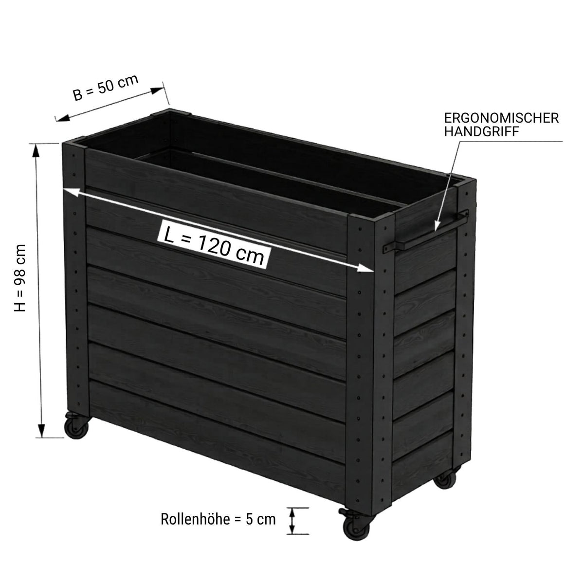 Pflanzkasten 'Cubic' | Rollen und Griff | L 46 x B 50 x H 45 cm | Nadelholz | schwarz