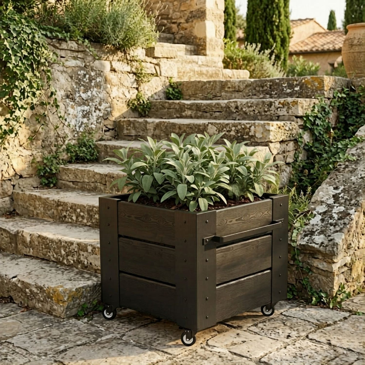 Pflanzkasten 'Cubic' | Rollen und Griff | L 46 x B 50 x H 45 cm | Nadelholz | schwarz