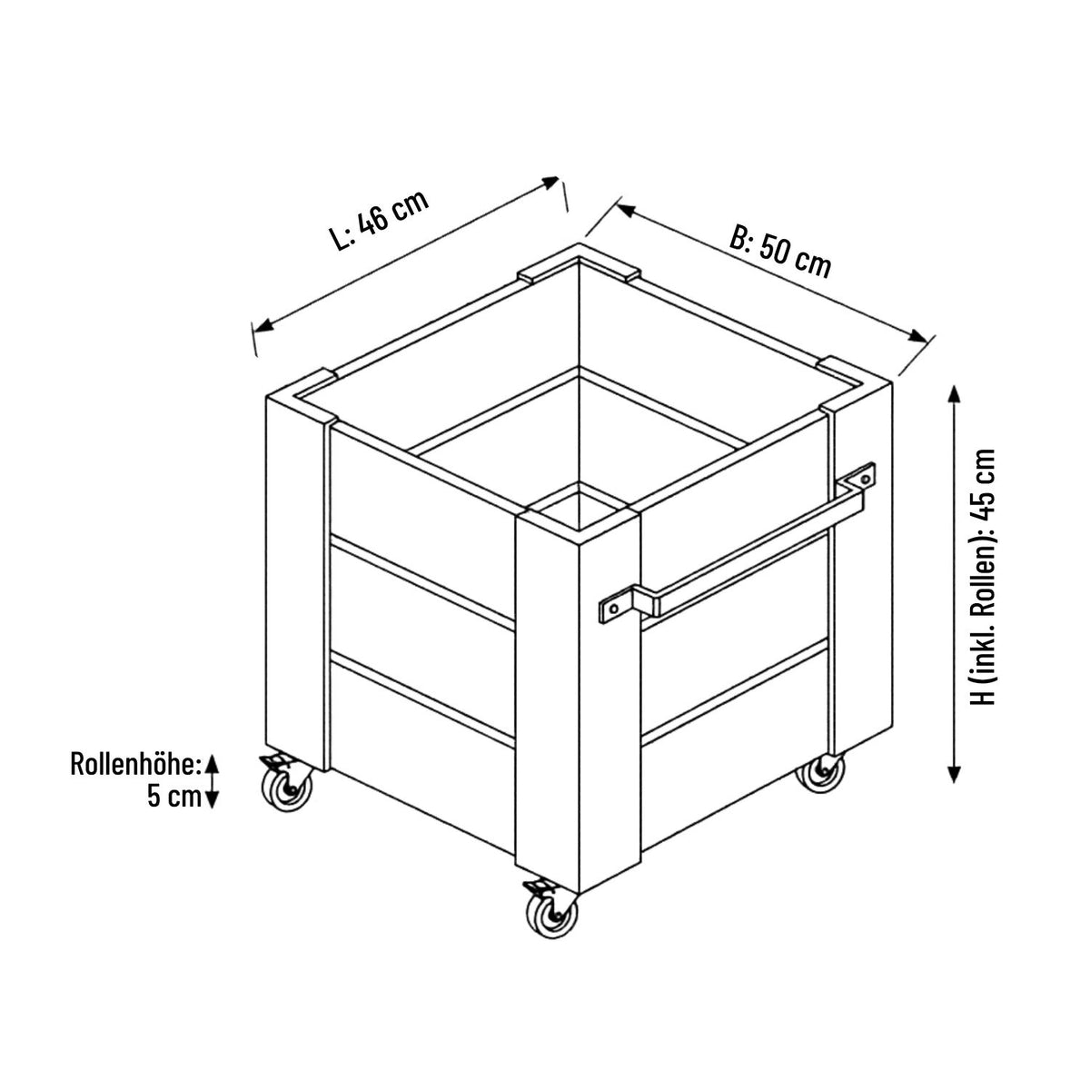 Pflanzkasten 'Cubic' | Rollen und Griff | L 46 x B 50 x H 45 cm | Nadelholz | schwarz