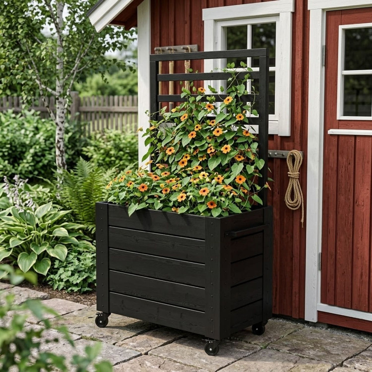 Pflanzkasten 'Cubic' | Spalier | Rollen/Griff | L 87 x B 80 x H 130/45 cm | Nadelholz | schwarz