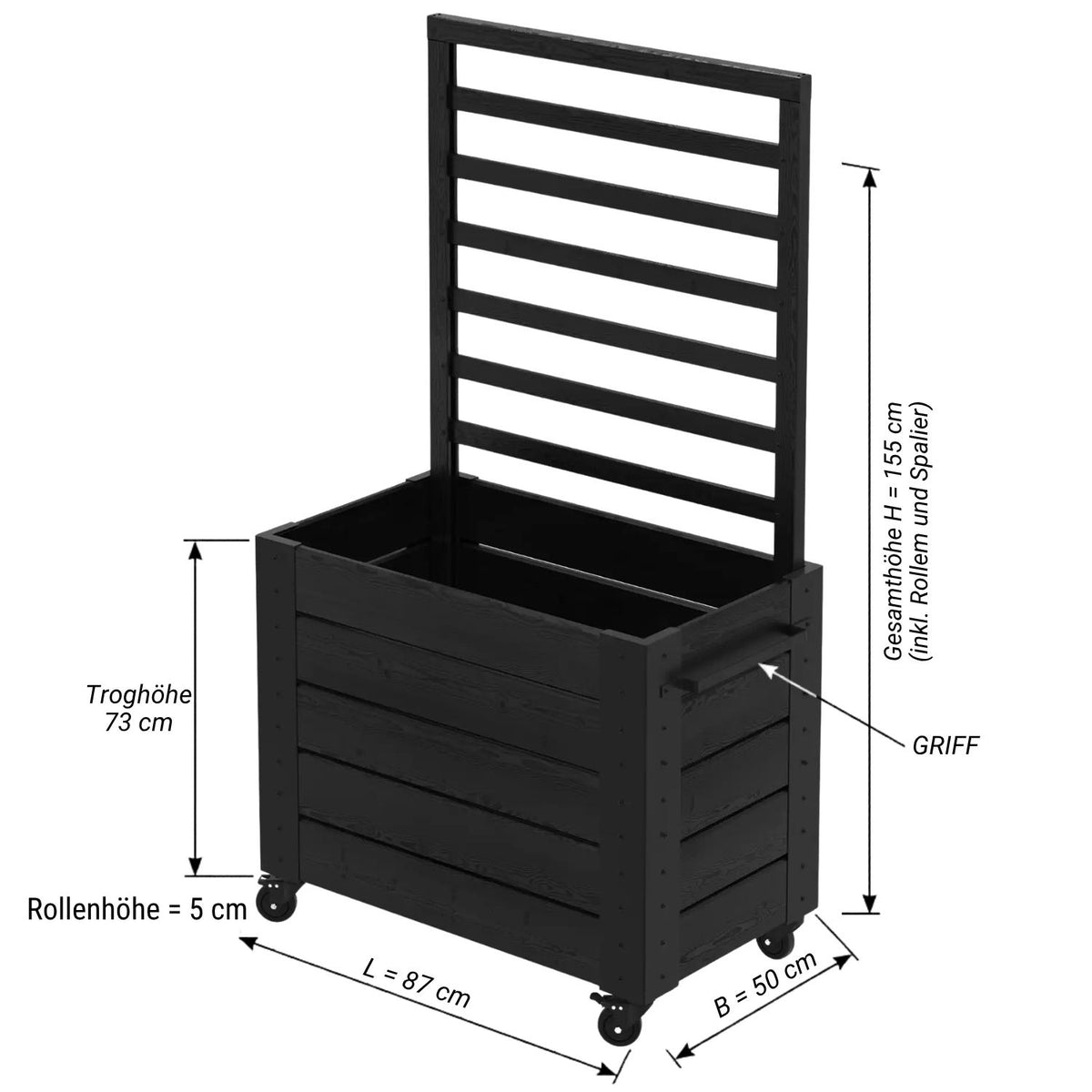 Pflanzkasten 'Cubic' | Spalier | Rollen/Griff | L 87 x B 80 x H 130/45 cm | Nadelholz | schwarz