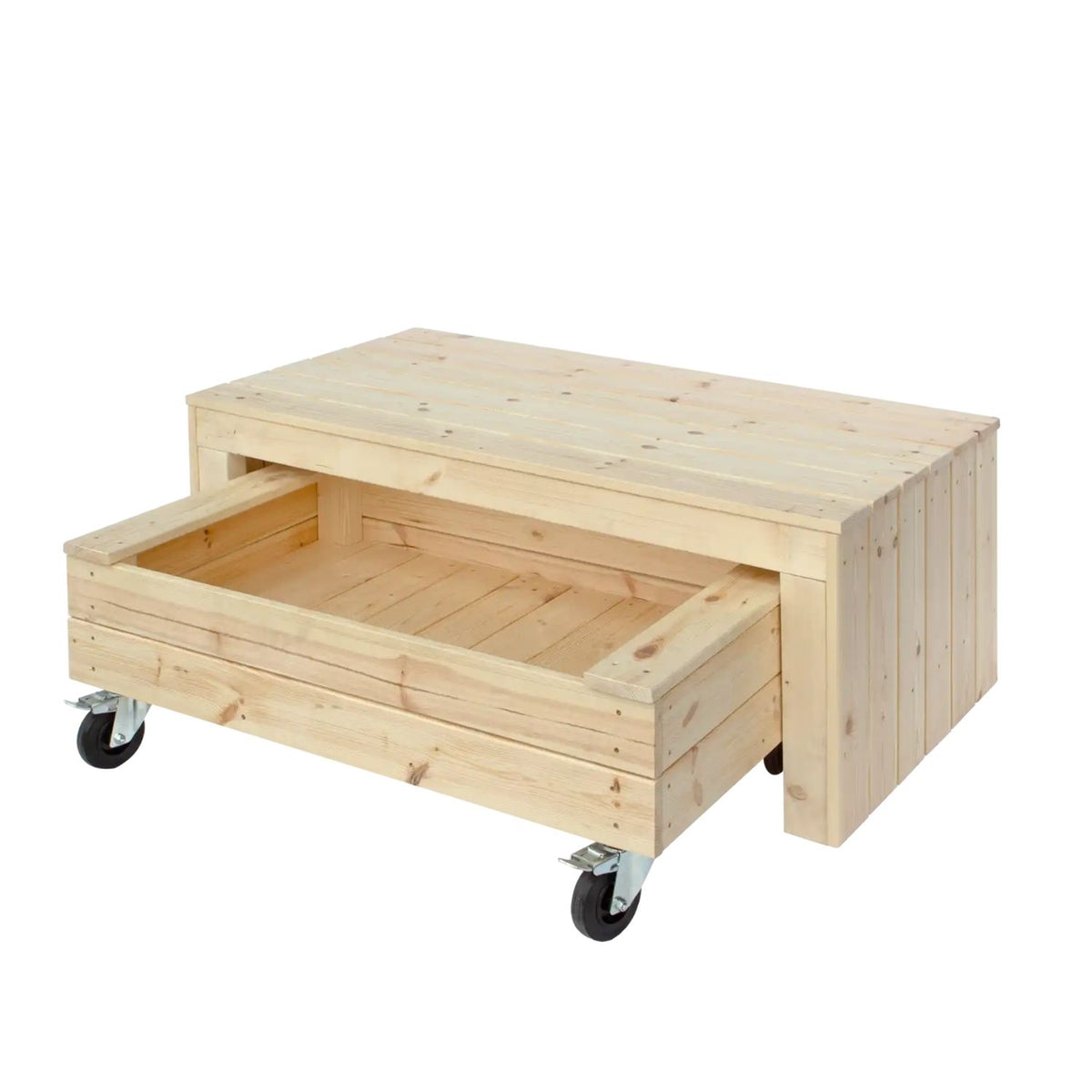 Sandkasten 'Fun' | Sitzbank | Räder | L 120 x B 60 x H 46 cm | Holz unbhandelt