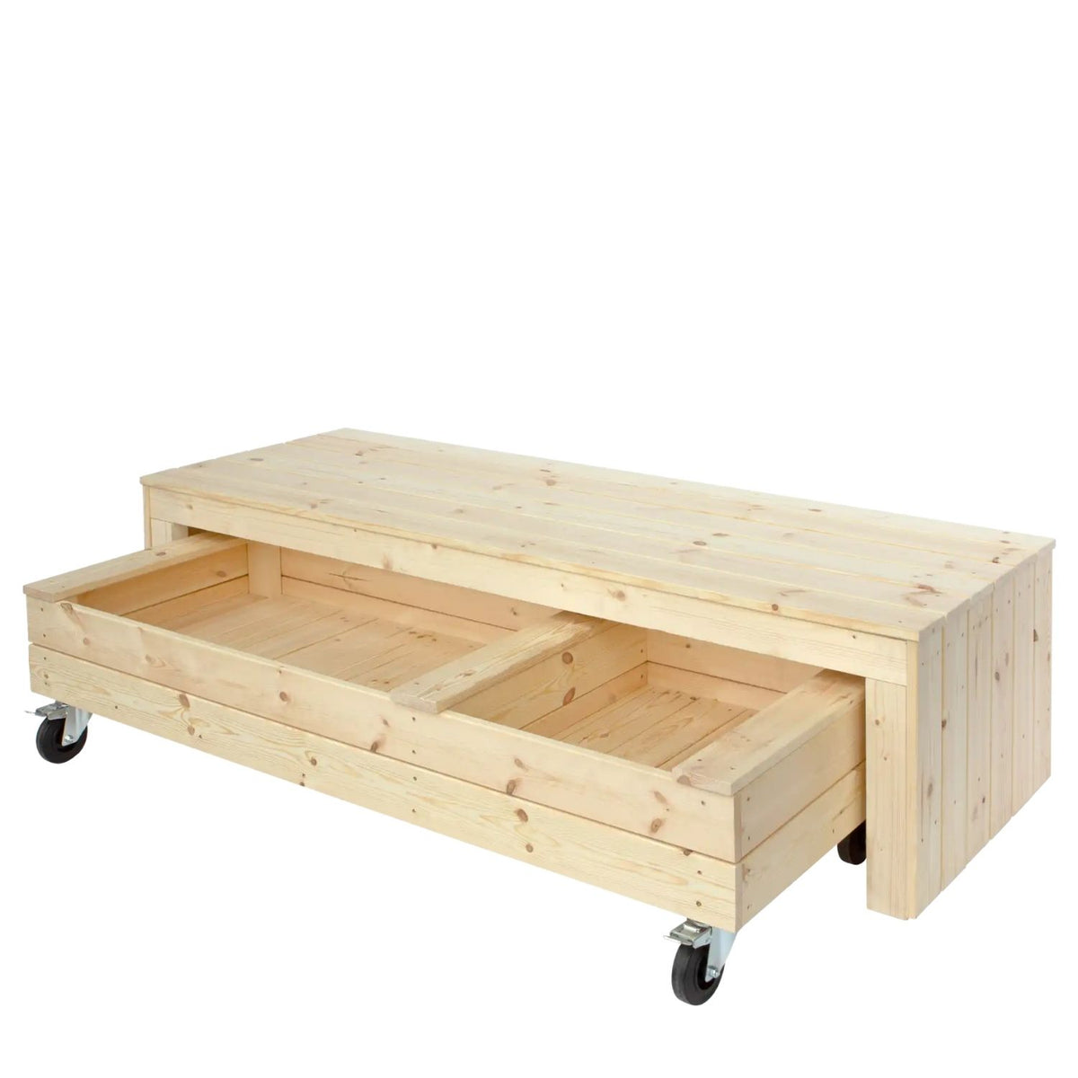 Sandkasten 'Fun' | Sitzbank | Räder | L 120 x B 60 x H 46 cm | Holz unbhandelt