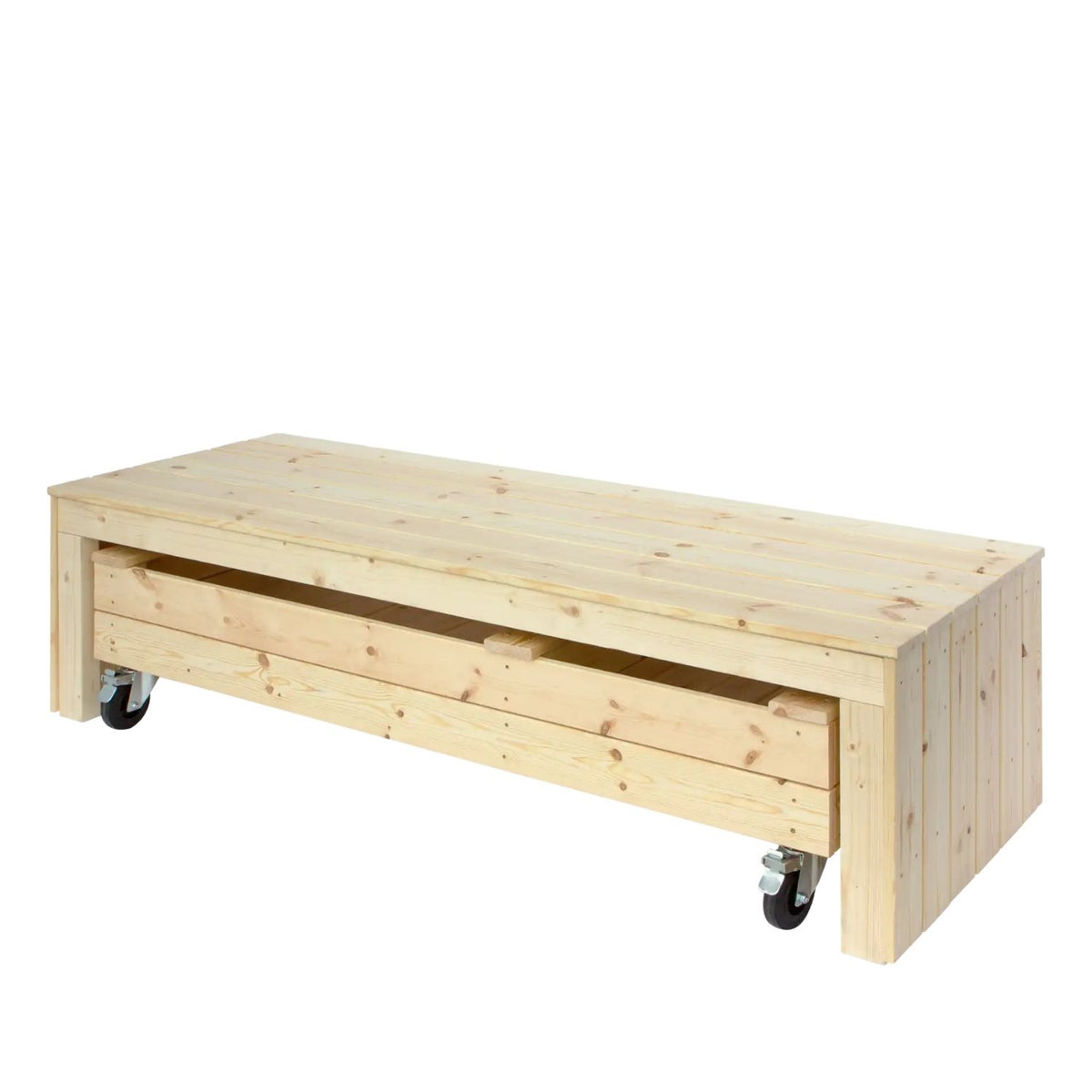 Sandkasten 'Fun' | Sitzbank | Räder | L 120 x B 60 x H 46 cm | Holz unbhandelt