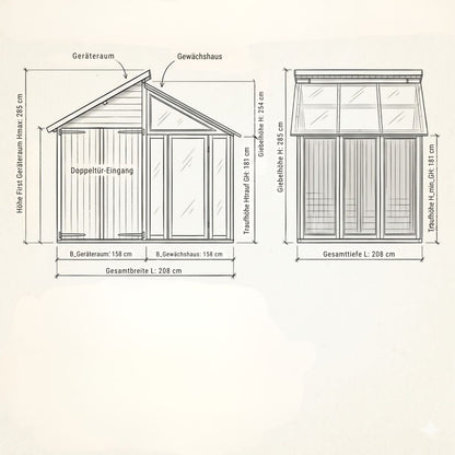 Gewächshaus + Geräteraum 'Orangerie' | L 208 x B 316 x H 285 cm | Holz unbehandelt | 6,6 m²