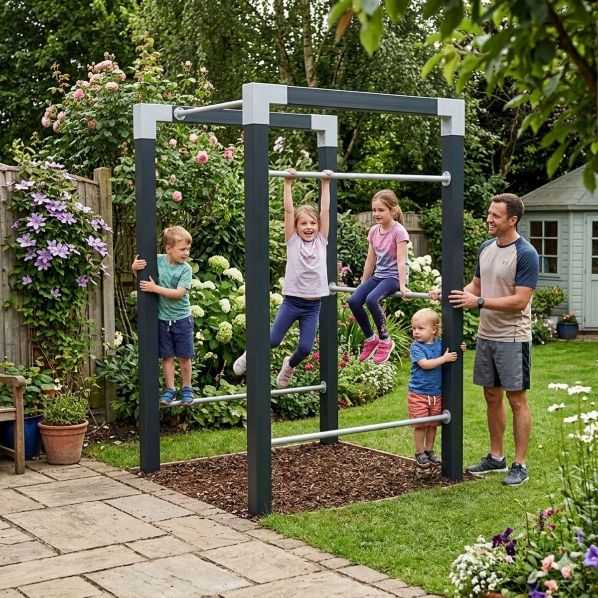 Trainingsgestell 'Fitness' | L 138 x B 138 x H 220 cm | 3 x Reckstangen 120 cm | Holzpfosten | schwarz