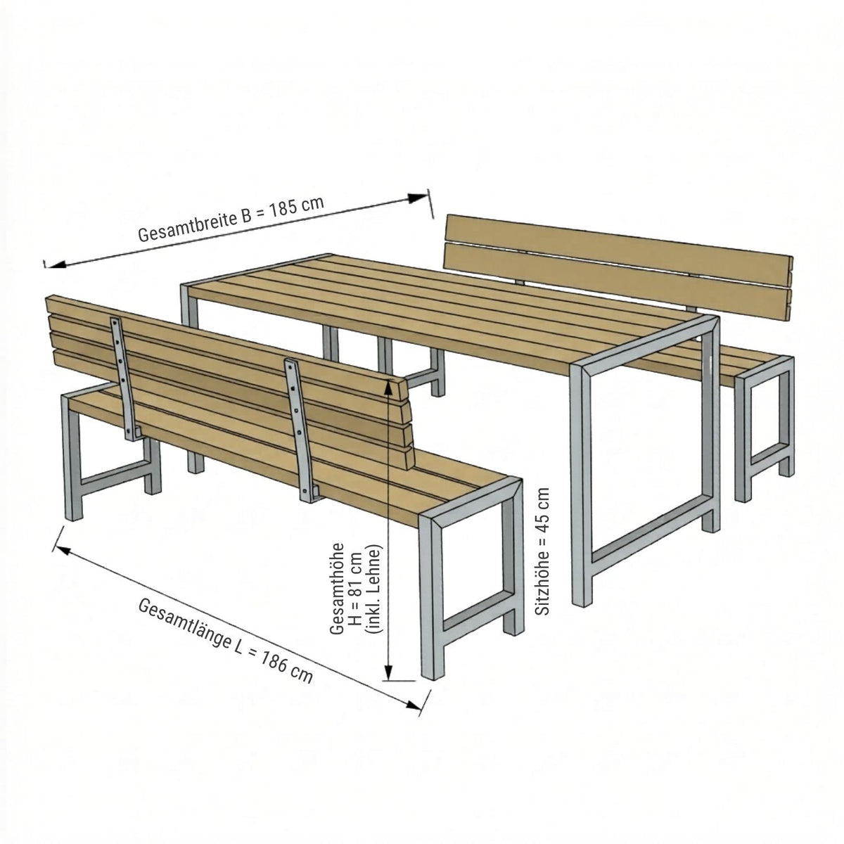 Planken-Gartengarnitur 'Elementar' | 1 Tisch und 2 Bänke | Holz