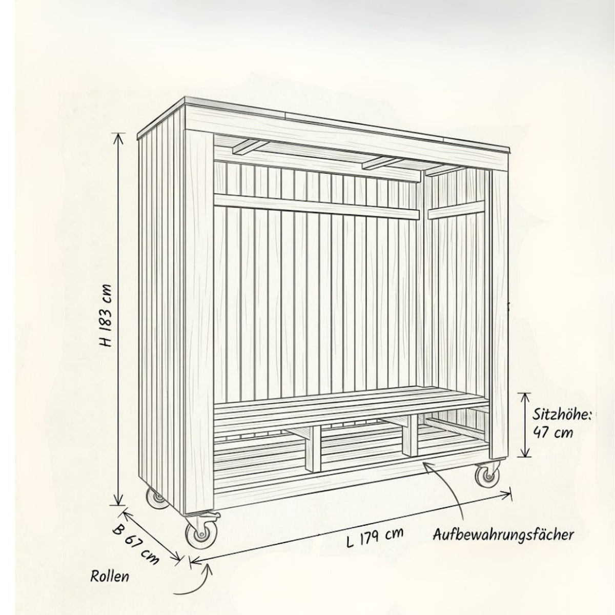 Überdachte Sitzbank 'Shelter' | Räder | L 179 x B 67 x H 183 cm | Bank | Dachpappe | Holz unbehandelt