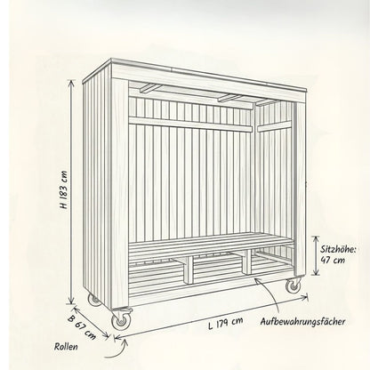 Überdachte Sitzbank 'Shelter' | Räder | L 179 x B 67 x H 183 cm | Bank | Dachpappe | Holz unbehandelt