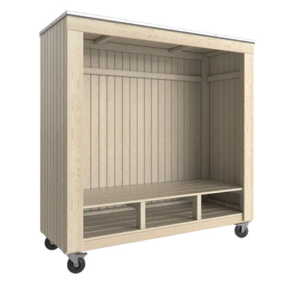 Überdachte Sitzbank 'Shelter' | Räder | L 179 x B 67 x H 183 cm | Bank | Dachpappe | Holz unbehandelt