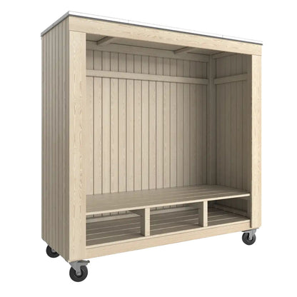 Überdachte Sitzbank 'Shelter' | Räder | L 179 x B 67 x H 183 cm | Bank | Dachpappe | Holz unbehandelt