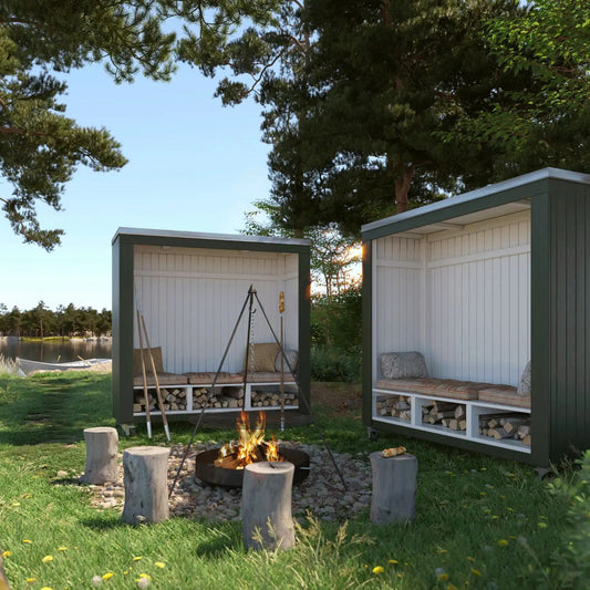 Überdachte Sitzbank 'Shelter' | Räder | L 179 x B 67 x H 183 cm | Bank | Dachpappe | Holz unbehandelt