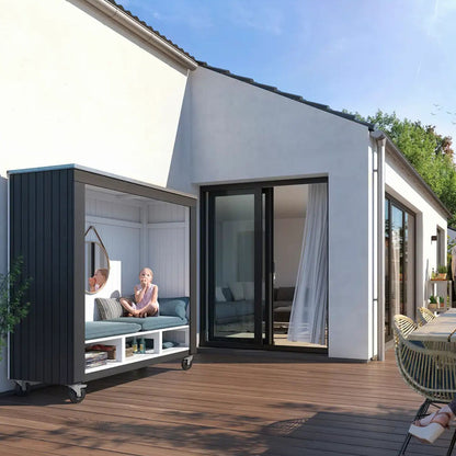 Überdachte Sitzbank 'Shelter' | Räder | L 179 x B 67 x H 183 cm | Bank | Dachpappe | Holz unbehandelt