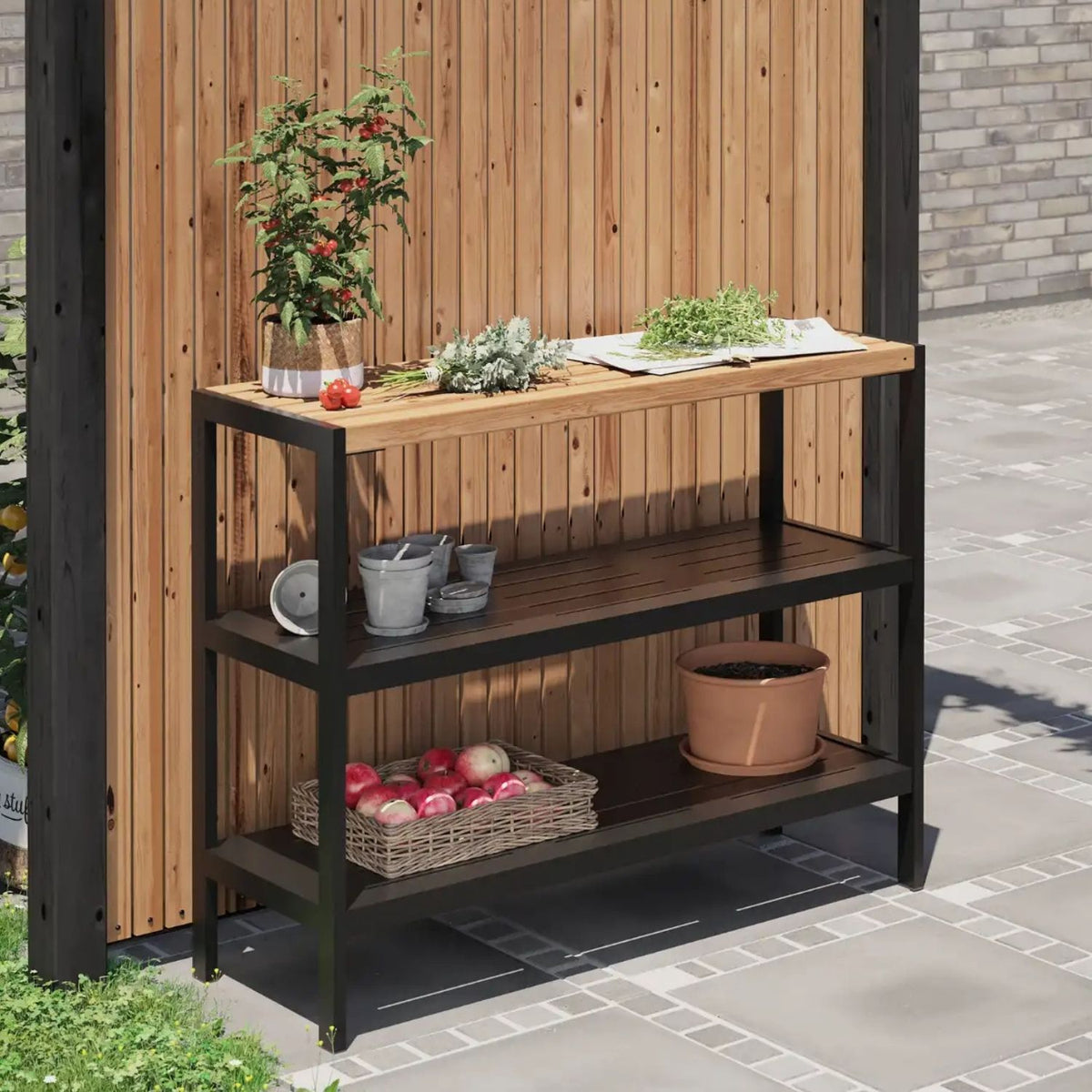 Pflanz-/Grilltisch 'Trend' |  2 Regalfächer | L 110 x B 39 x H 90 cm | ThermoWood® | Beschläge schwarz