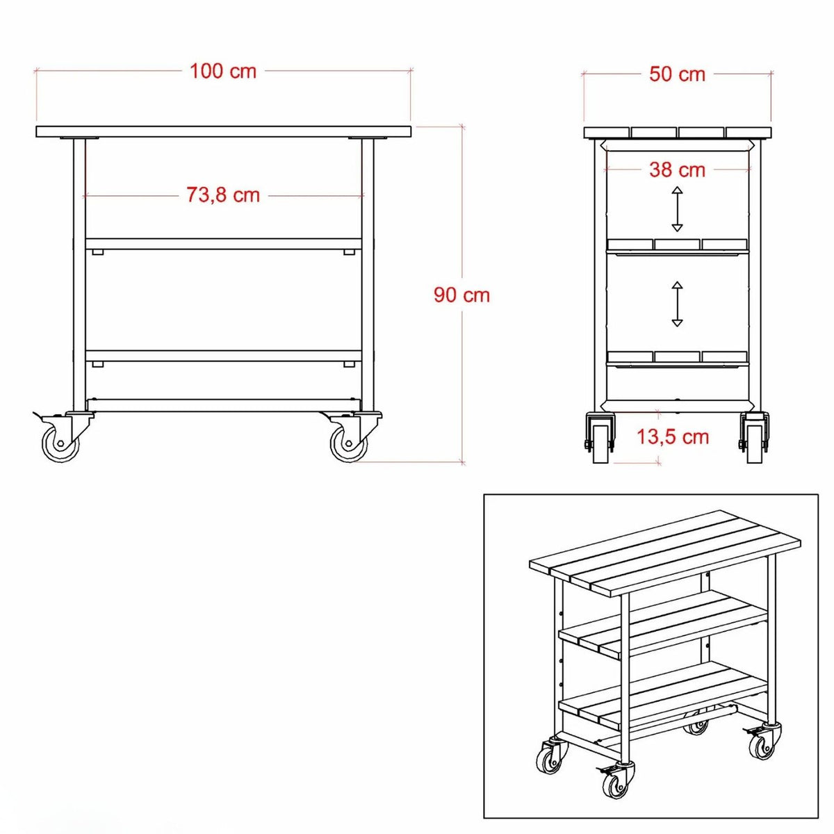 Pflanz-/Grilltisch 'Urban' | Regalfach | Rollen | L 100 x B 50 x H 90 cm | Schwarz | Nadelholz | Beschläge schwarz