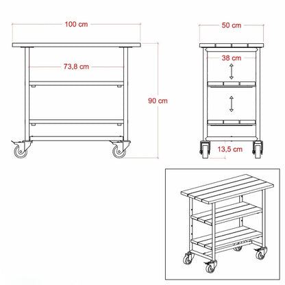 Pflanz-/Grilltisch 'Urban' | Regalfach | Rollen | L 100 x B 50 x H 90 cm | Schwarz | Nadelholz | Beschläge schwarz