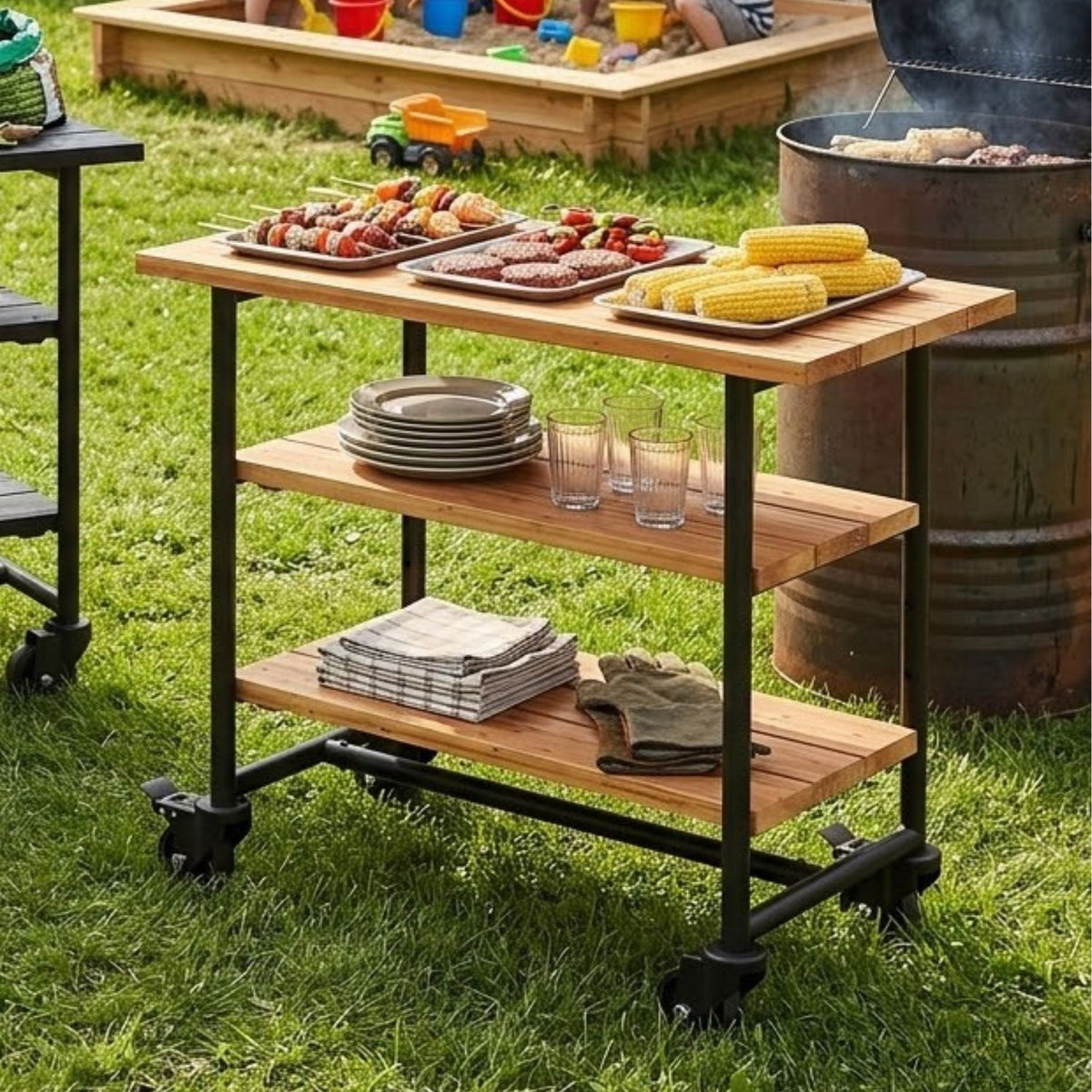 Pflanz-/Grilltisch 'Urban' | 2 Regalfächer | Rollen | L 100 x B 50 x H 90 cm | Beschläge Schwarz | Nadelholz