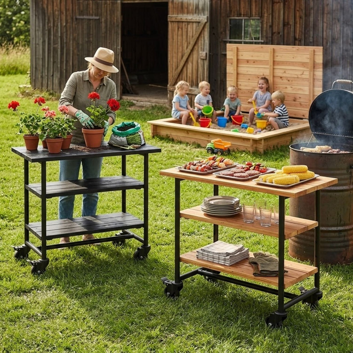 Pflanz-/Grilltisch 'Urban' | 2 Regalfächer | Rollen | L 100 x B 50 x H 90 cm | Beschläge Schwarz | Nadelholz