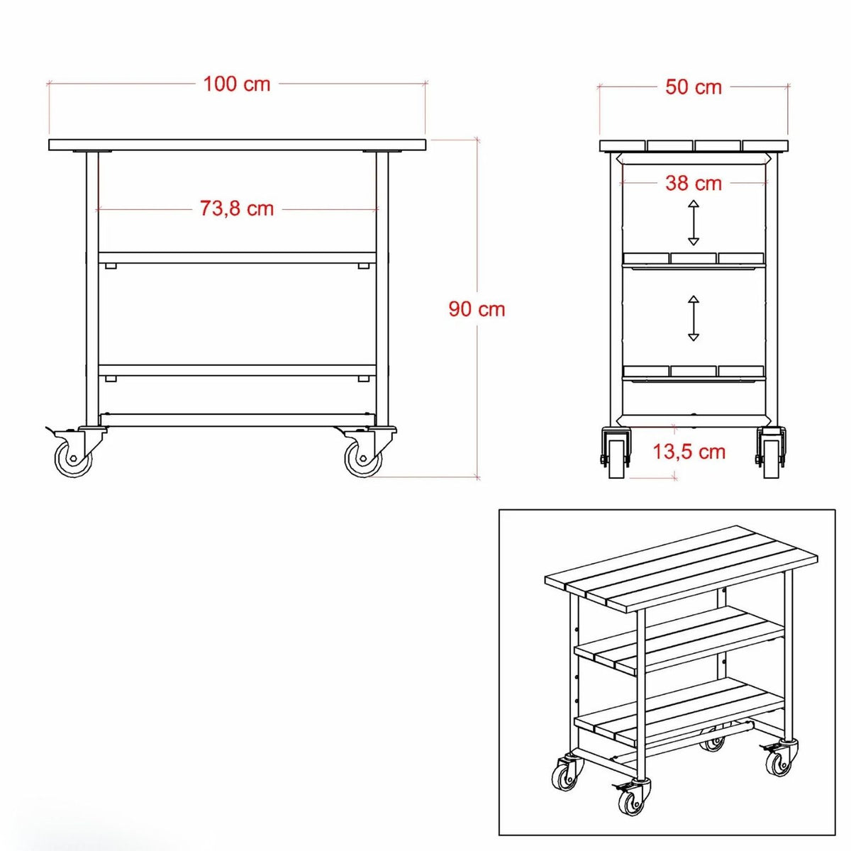 Pflanz-/Grilltisch 'Urban' | 2 Regalfächer | Rollen | L 100 x B 50 x H 90 cm | Beschläge Schwarz | Nadelholz