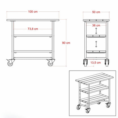 Pflanz-/Grilltisch 'Urban' | 2 Regalfächer | Rollen | L 100 x B 50 x H 90 cm | Beschläge Schwarz | Nadelholz