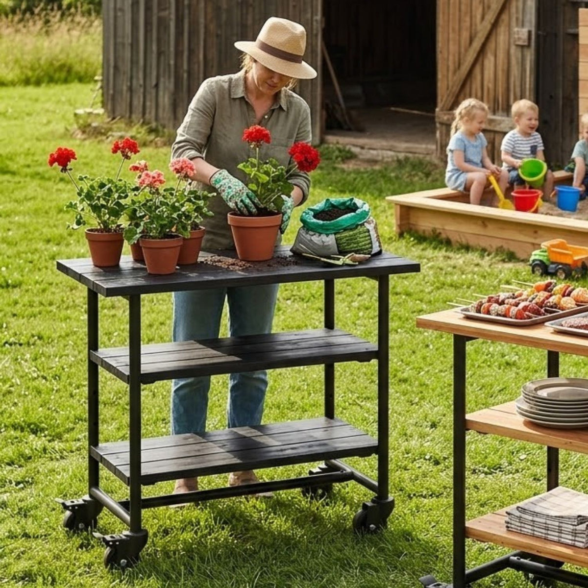 Pflanz-/Grilltisch 'Urban' | 2 Regalfächer | Rollen | L 100 x B 50 x H 90 cm | Beschläge Schwarz | Nadelholz