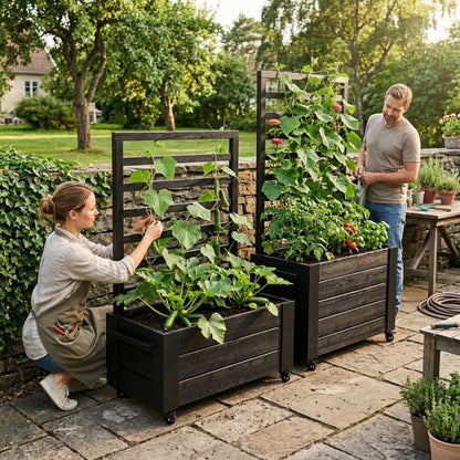 Pflanzkasten 'Cubic' | Spalier | Rollen/Griff | L 87 x B 80 x H 130/45 cm | Nadelholz | schwarz