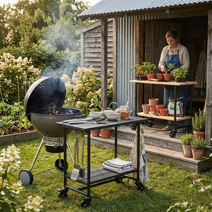 Pflanz-/Grilltisch 'Urban' | Regalfach | Rollen | L 100 x B 50 x H 90 cm | Schwarz | Nadelholz | Beschläge schwarz