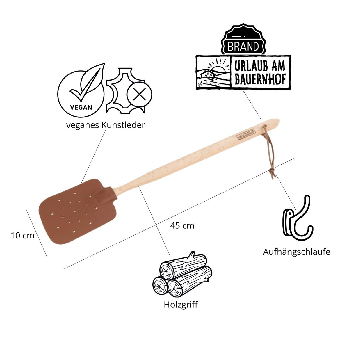 Fliegenklatsche 'Urlaub am Bauernhof' | veganes Kunstleder | Holzgriff | 10 x 45 cm