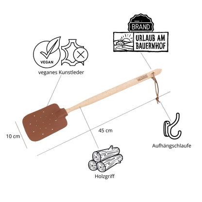 Fliegenklatsche 'Urlaub am Bauernhof' | veganes Kunstleder | Holzgriff | 10 x 45 cm
