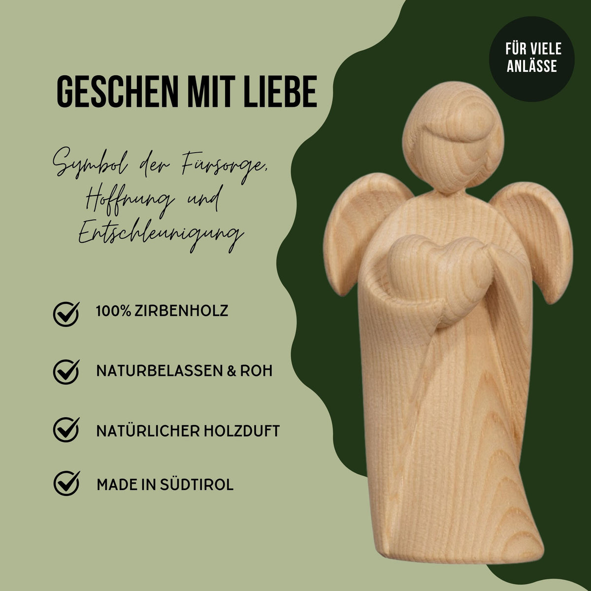 Klassischer Schutzengel aus Zirbenholz | Herz 9cm