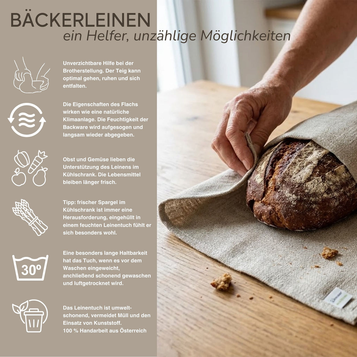 Brottuch aus Natur Bäckerleinen in verschiedenen Größen 30x50 cm