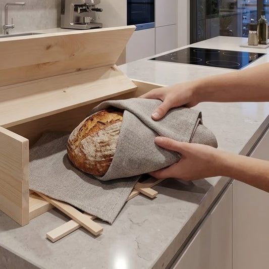 Brotkasten | inkl. Zirbenholz-Gitter & Bäckerleinen |  45 x 16 x 25 cm | 100% Zirbenholz | Echtes Handwerk