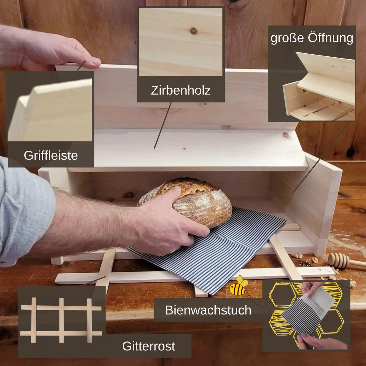 Brotkasten mit Klappe | inkl. Zirbenholz-Gitter und Bienenwachstuch |  L 45 x H 16 x B 25 cm | 100% Zirbenholz | Echtes Handwerk