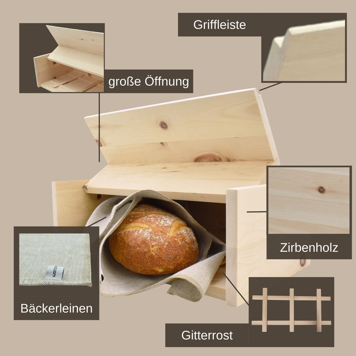 Brotkasten | inkl. Zirbenholz-Gitter & Bäckerleinen |  45 x 16 x 25 cm | 100% Zirbenholz | Echtes Handwerk